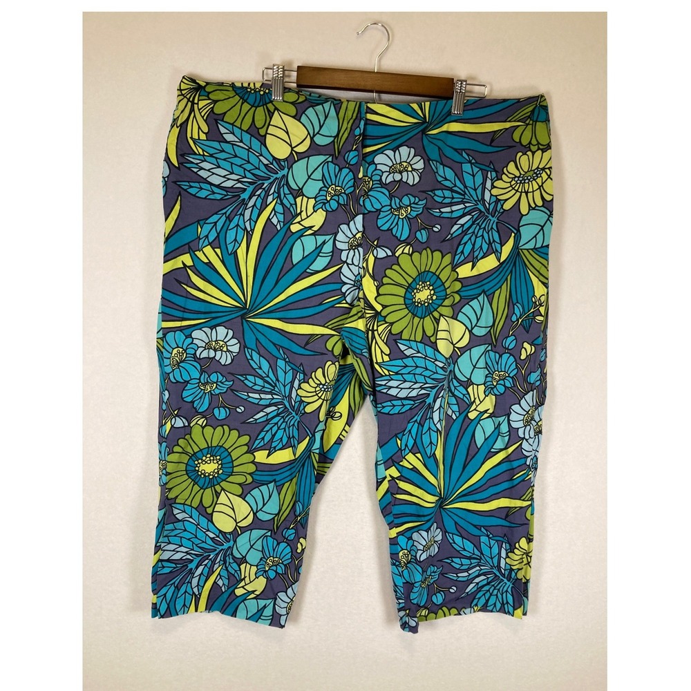 Tropical Floral Venezia Jeans‎ Women 24 Green Teal Cropped Capri Pants Slit Hem